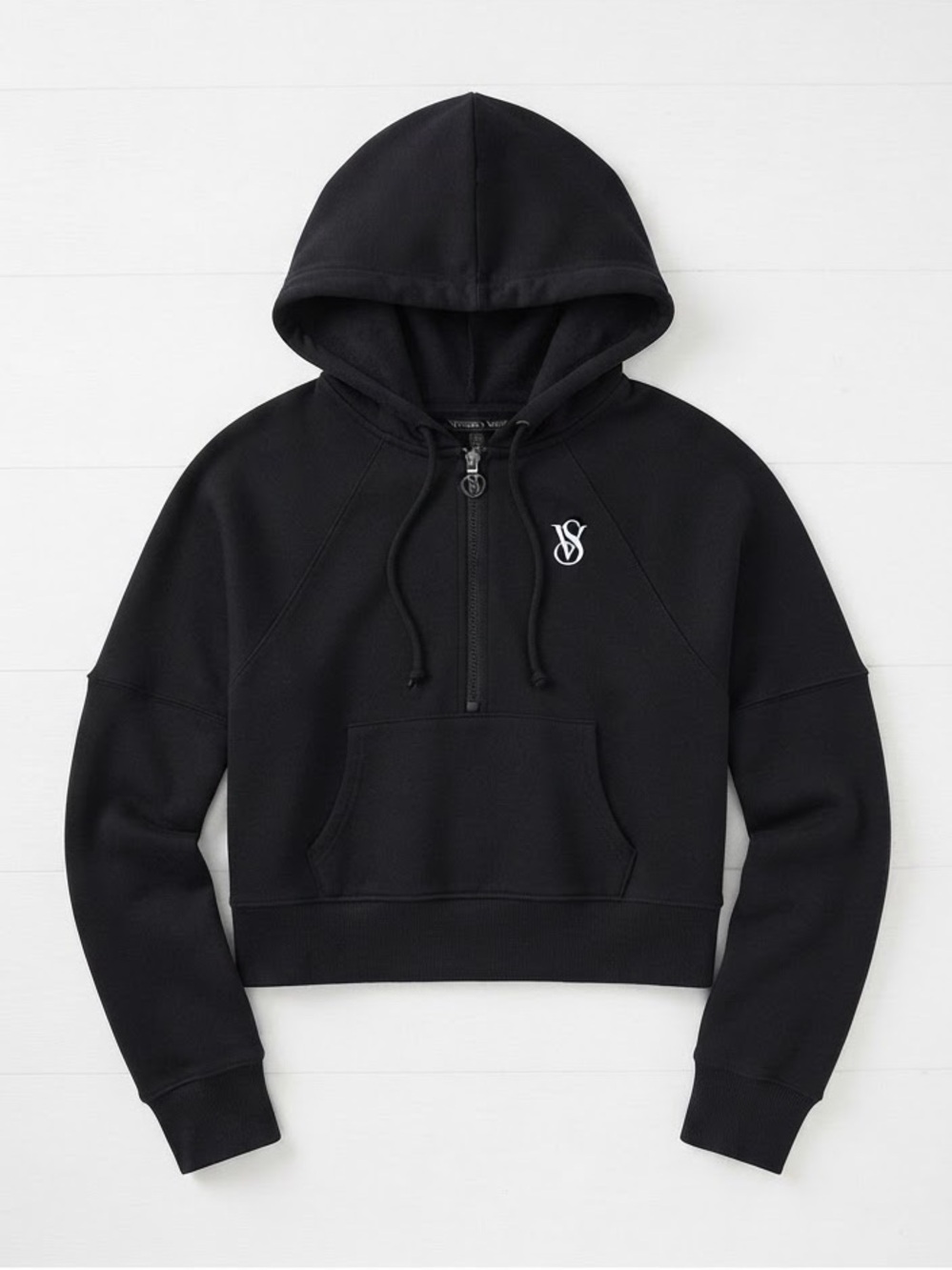Victoria's Secret Women's Black Crop Hoodie Zip Up Quarter Zip Logo Sweatshirt S